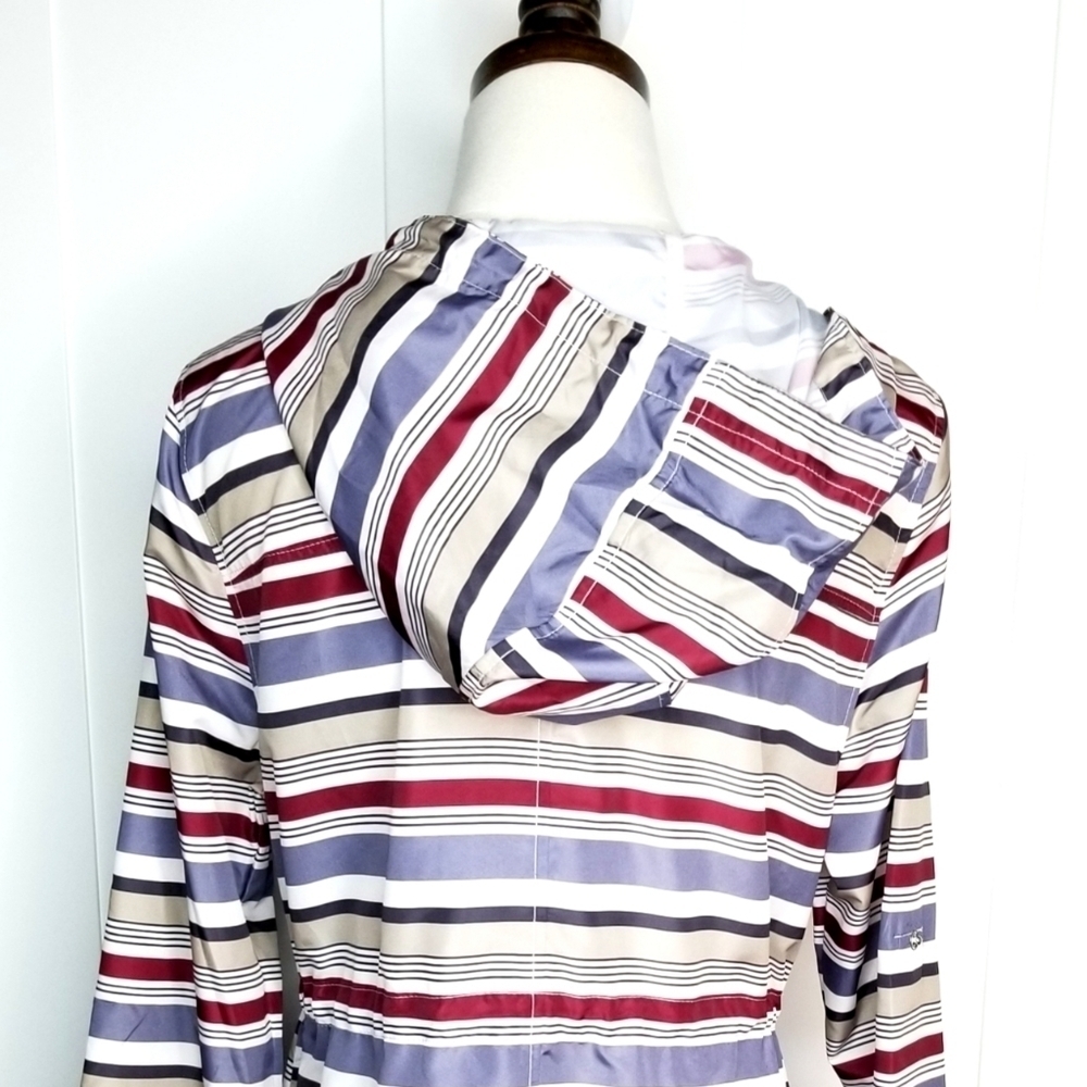 Atmosphere Women's White Tan Purple Stripes Roll-up Sleeve Hooded Windbreaker, S - Picture 4 of 11